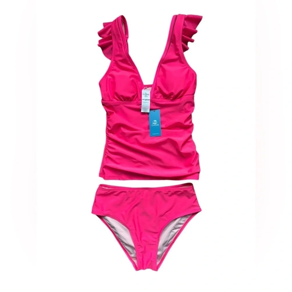 CUPSHE Tankini Set Two Piece, V Neck Ruffled Ruched Ladder Trim size XS